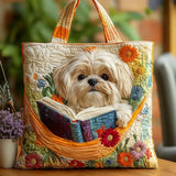 Bolso Artesanal Tote - Shih Tzu con Libros y Flores