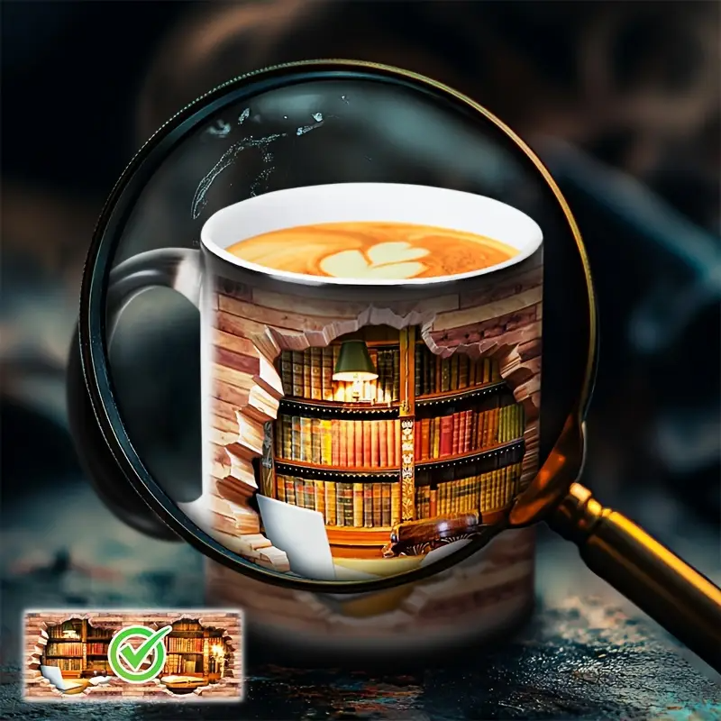 Taza térmica de cerámica mágica con diseño de estantería de libros