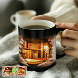 Taza térmica de cerámica mágica con diseño de estantería de libros