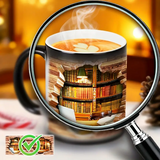 Taza térmica de cerámica mágica con diseño de estantería de libros