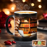 Taza térmica de cerámica mágica con diseño de estantería de libros